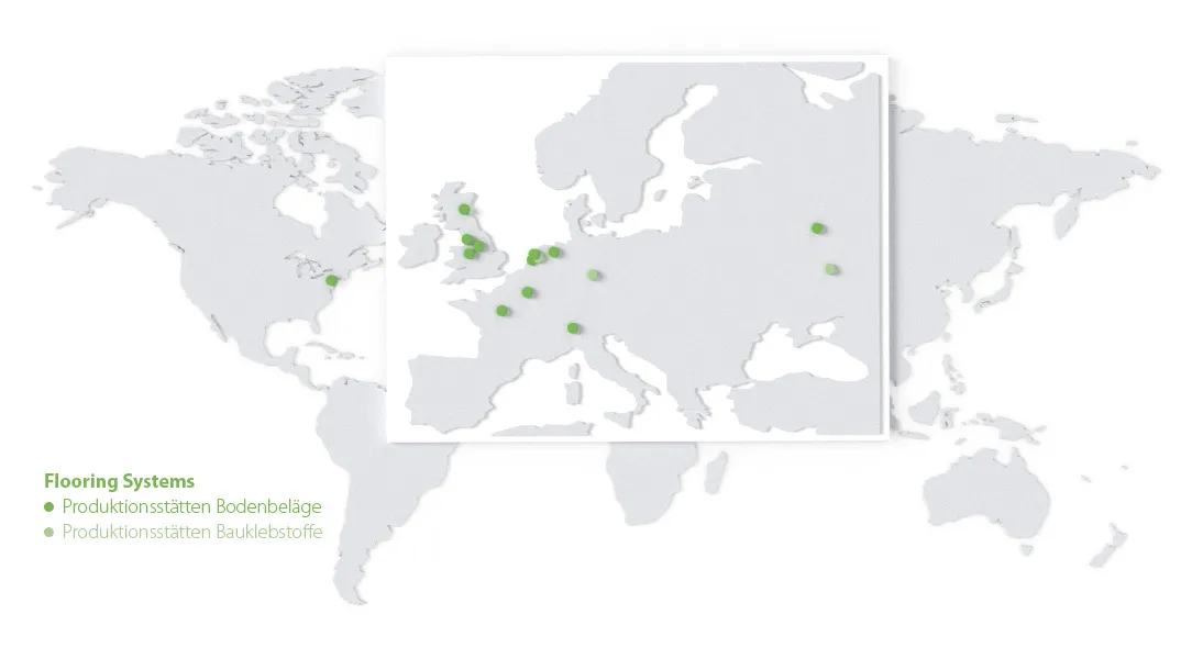 Weltkarte mit einer Übersicht der Standorte von Forbo Flooring Systems 2022.
