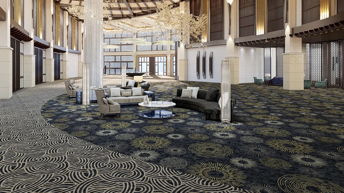 Flotex resilient carpet flooring installed in hotel lobby