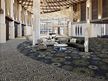Flotex H&L - 262101 Vegas Mandala Black Jack + 262201 Bellagio Black Jack carpet flooring in hotel lobby
