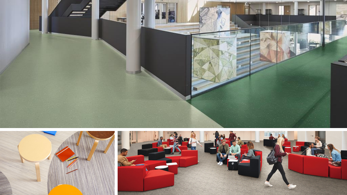 Colage of images of flooring in education settings