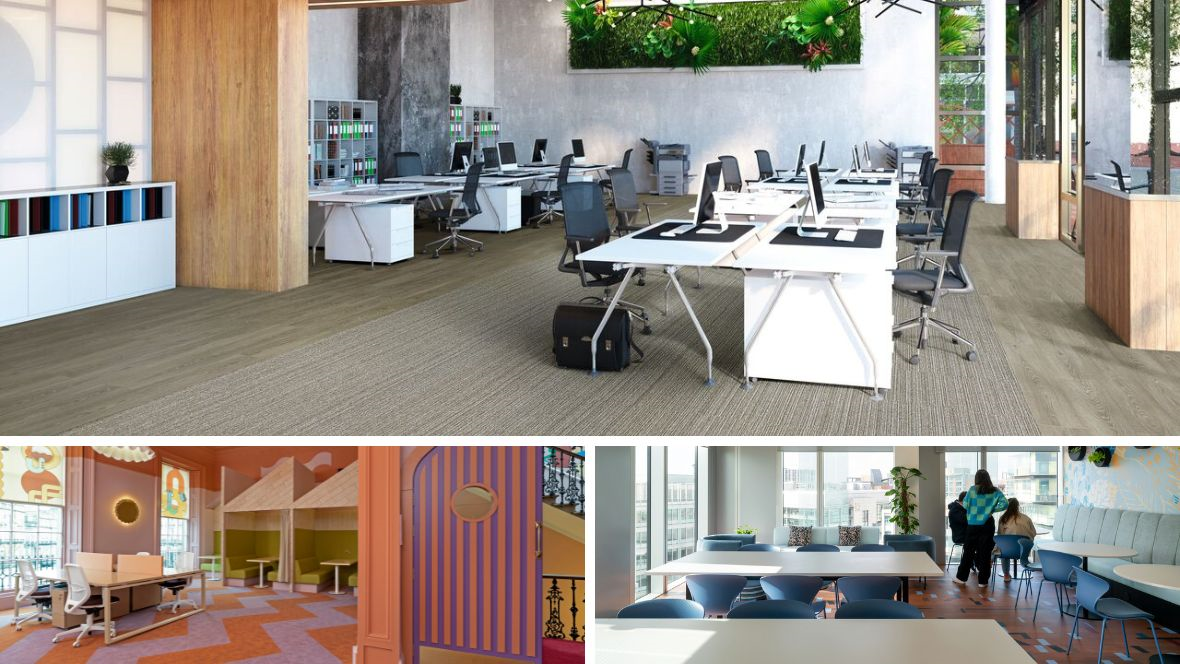 Collage of images showing flooring solutions for office spaces