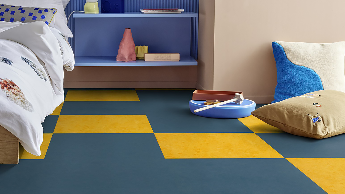 Marmoleum modular t3251 t3358 - navy blue and yellow colourful tiles for kids room