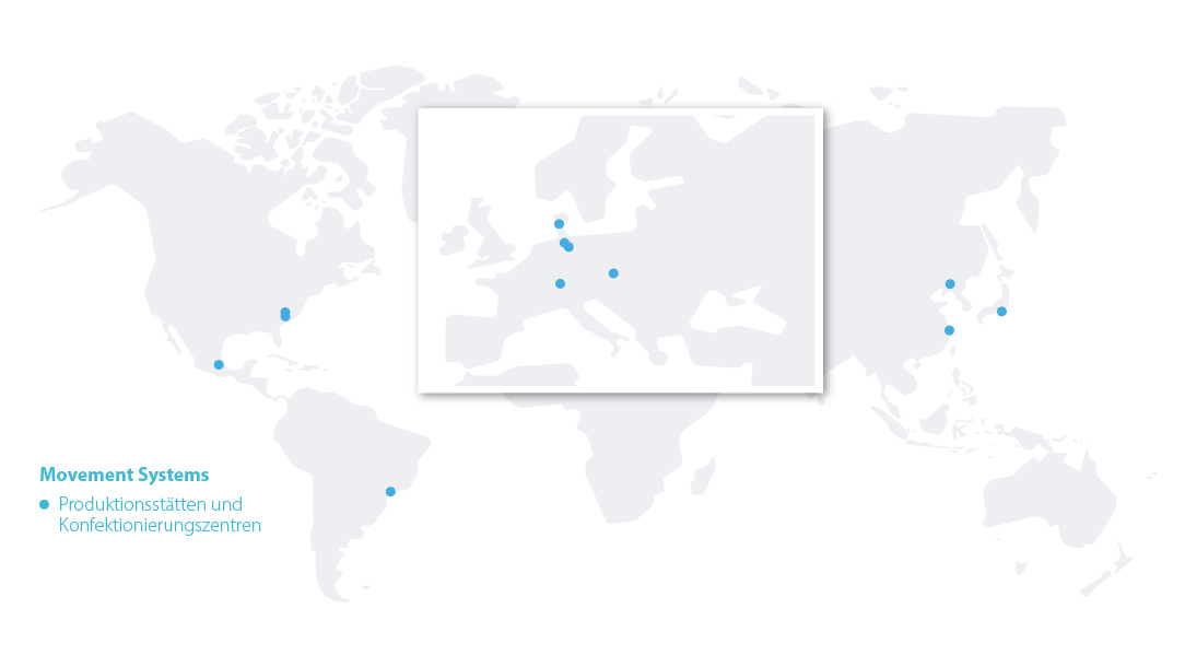 Weltkarte mit den eingezeichneten Standorten von Forbo Movement Systems 2023.