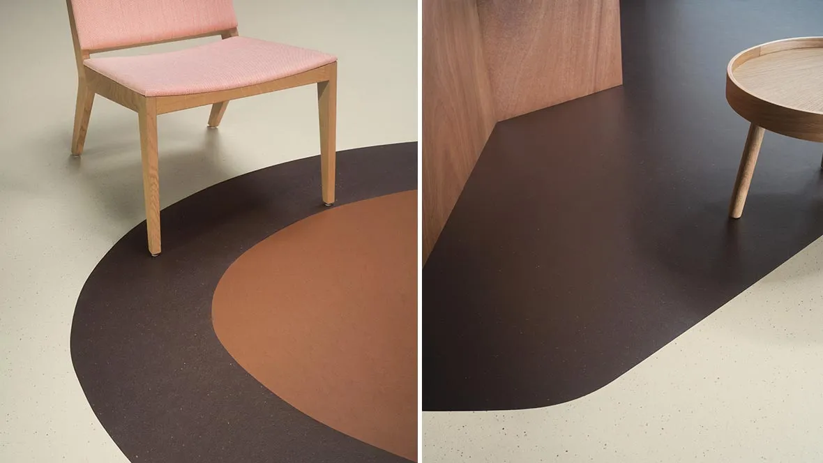 Marmoleum Cocoa installed with chairs and tables on top
