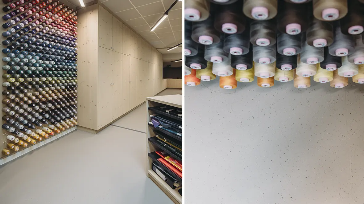 Bever hoofdkantoor met Marmoleum Cocoa op de vloer in het naaiatelier