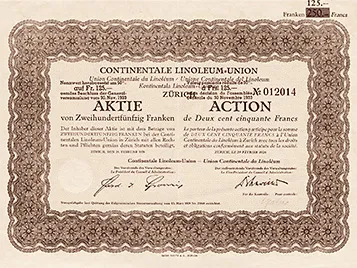 Aktie (1928) der Continentale Linoleum Union, dem Grundstein für die heutige Forbo-Gruppe.