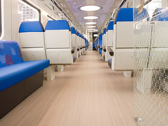 Marmoleum flooring installed on a train