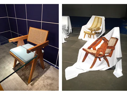 Left: Project Chandigarh armchair | Right: Digitally printed fabric designed by Boris Brucher 