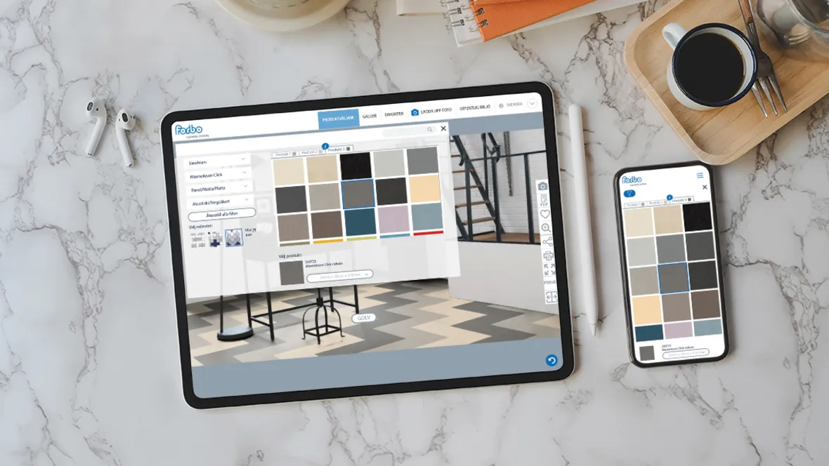 Närbild på Forbo FloorVisualizer i surfplatta och mobil Närbild på Forbo FloorVisualizer i surfplatta och mobil