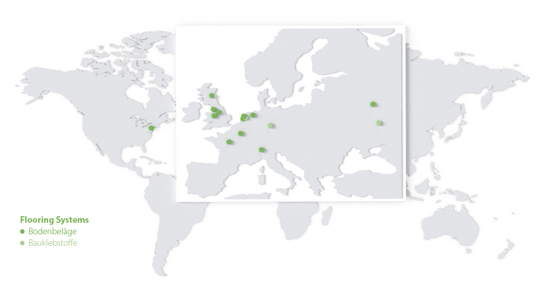 Weltkarte mit einer Übersicht der Standorte von Forbo Flooring Systems 2020.