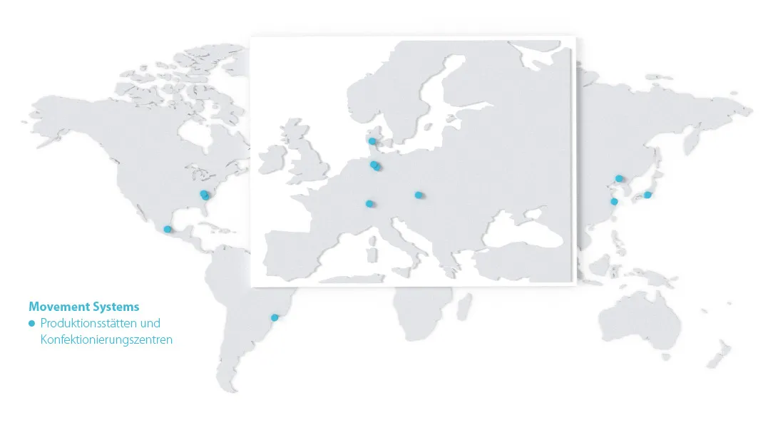 Weltkarte mit den eingezeichneten Standorten von Forbo Movement Systems 2020.
