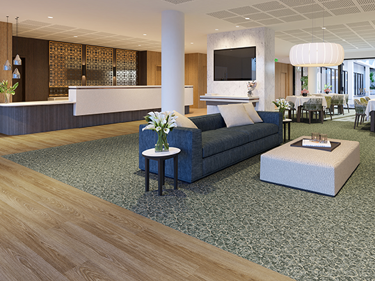 Flotex feelhome 004497 Medici duck egg + Allura Flex 63535 FL5 Natural Timber | aged care lounge textile and timber vinyl flooring